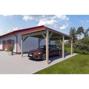 Holzbrüder Einzelcarport Ralf Natur mit rotem Blechdach und Auto. Carport aus Holz.