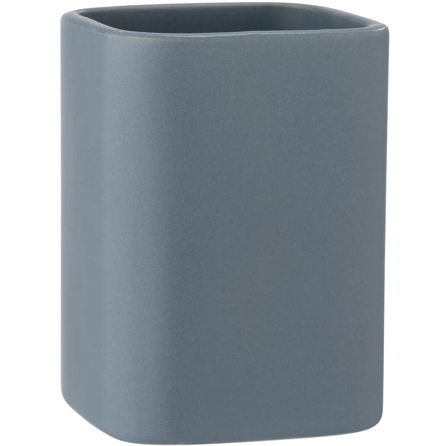 Blauer Wenko Zahnputzbecher Hexa aus Keramik mit abgerundeten, quadratischen Formen.