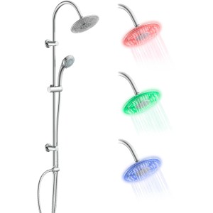 LED-Überkopfbrause-Set Galaxis mit Farbwechsel, bestehend aus Kopf-, Handbrause, Schlauch und Stange.