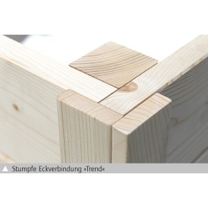 Detailaufnahme einer Eckverbindung des Skan Holz Gartenhauses Breda aus Holz.