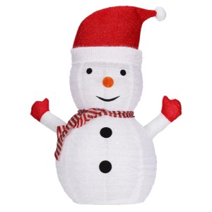 Weiß-roter 3D Schneemann mit roter Mütze, Schal und LEDs für Weihnachtsdekoration im Außenbereich.