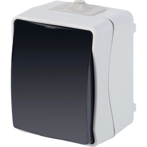 Grauer Feuchtraum Aus-Wechselschalter IP54 für Aufputzmontage im Innen- und Außenbereich.