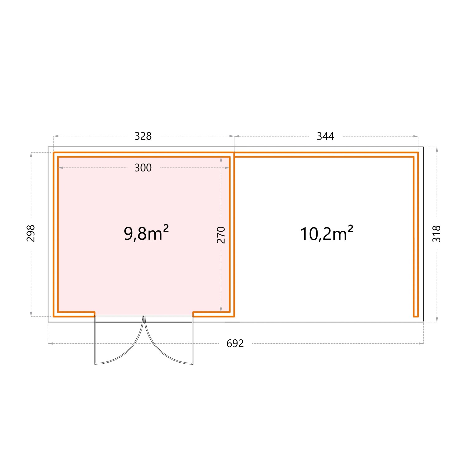 Gerätehaus Classico 3330 mit Lounge L Rechts m. Weiße Ecken 672 x 298 cm Weiß_10