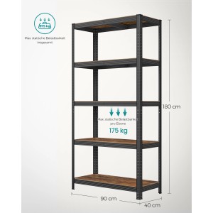 Songmics Lagerregal, braun-schwarz, 40x90x180cm, mit 5 Böden. Ideal für Keller, Garage oder Werkstatt.