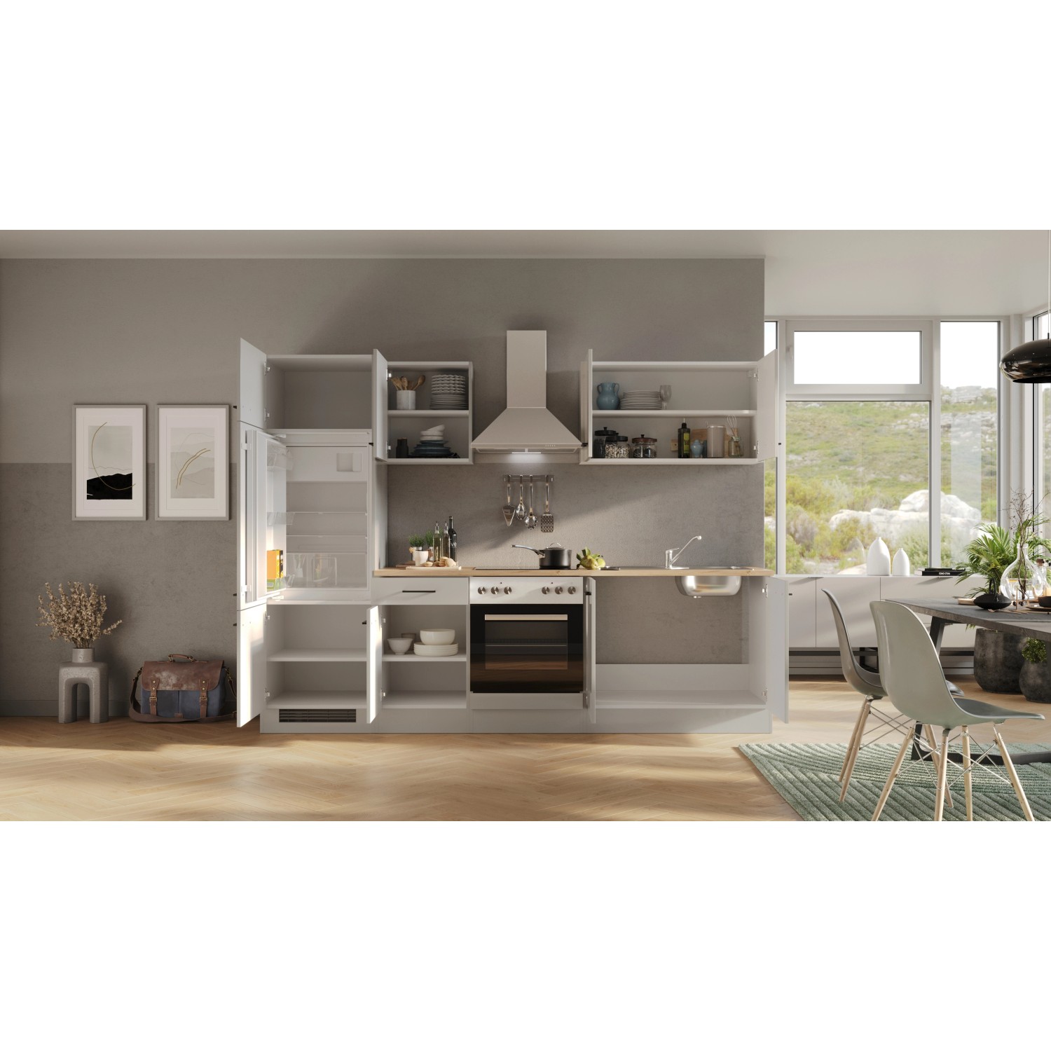 Flex-Well Küchenzeile Lund, 270 cm, lichtgrau/rauchgrau, mit E-Geräten und Spüle.