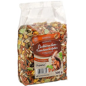Verpackung Fidelio Eichhörnchenfutter 500g, Mischung aus Nüssen, Saaten und Getreide.