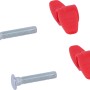 Ersatzschnellverschluss-Set für Rasenmäher: rote Kunststoff-Clips und Schrauben.