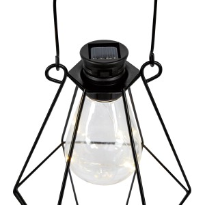 Schwarze LED Solar-Laterne aus Metall, 11,9x8,6x17cm, mit warmweißen Micro-LEDs und Aufhängebügel.