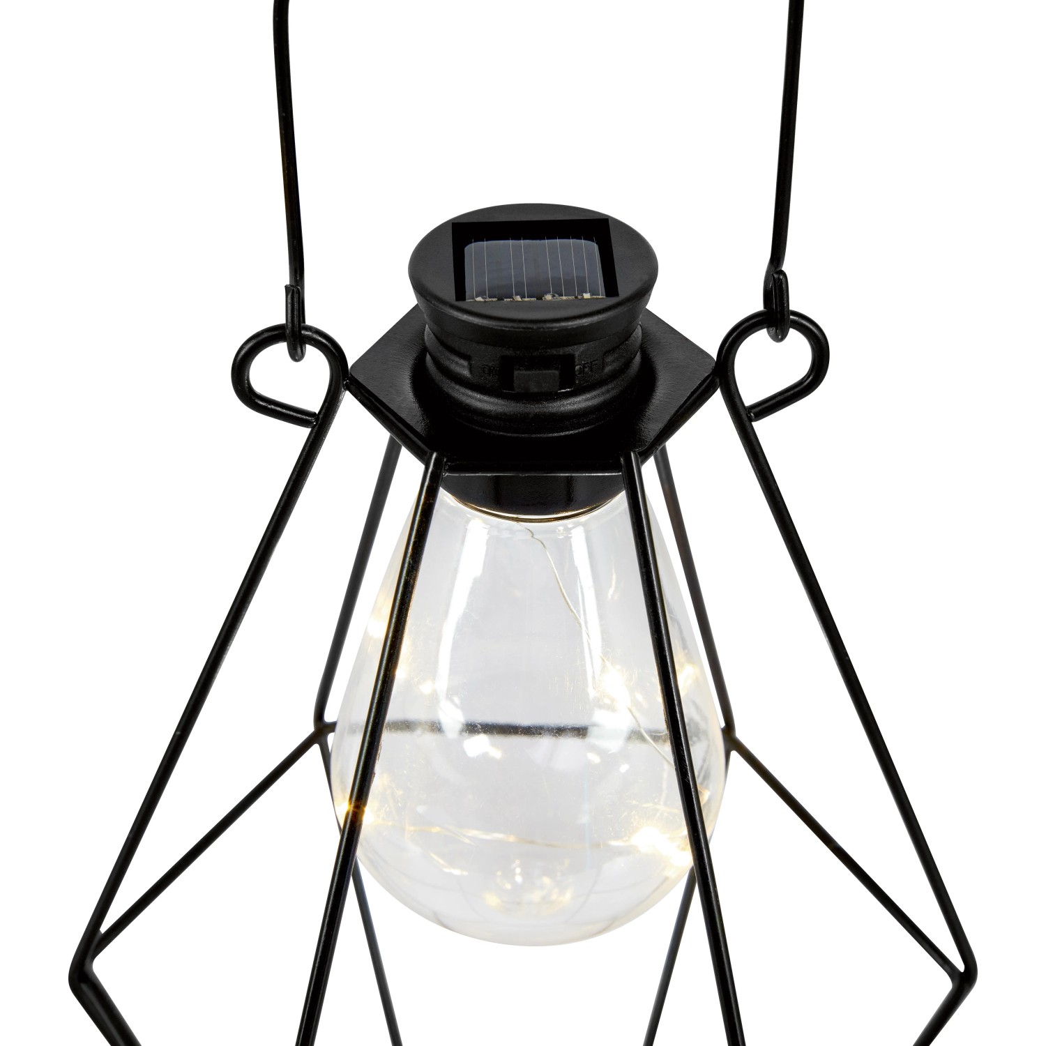 Schwarze LED Solar-Laterne aus Metall, 11,9x8,6x17cm, mit warmweißen Micro-LEDs und Aufhängebügel.
