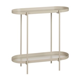 Beiger ovaler Beistelltisch Myron mit zwei Ablagen und schlankem Eisengestell. Modernes Design für Wohnbereiche.