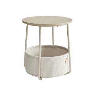 Vasagle Beistelltisch beige-weiß mit Stoffkorb, Ø 45 cm. Nachttisch mit Stauraum.