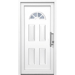 Weiße Kunststoff-Haustür, 100x200 cm, Anschlag rechts, mit Glasausschnitt und Griff.