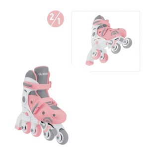 Rosa-weiße Globber 2in1 Kinder-Skates, verstellbar, als Inline- und Quad-Skates dargestellt. Für Sport & Fitness.