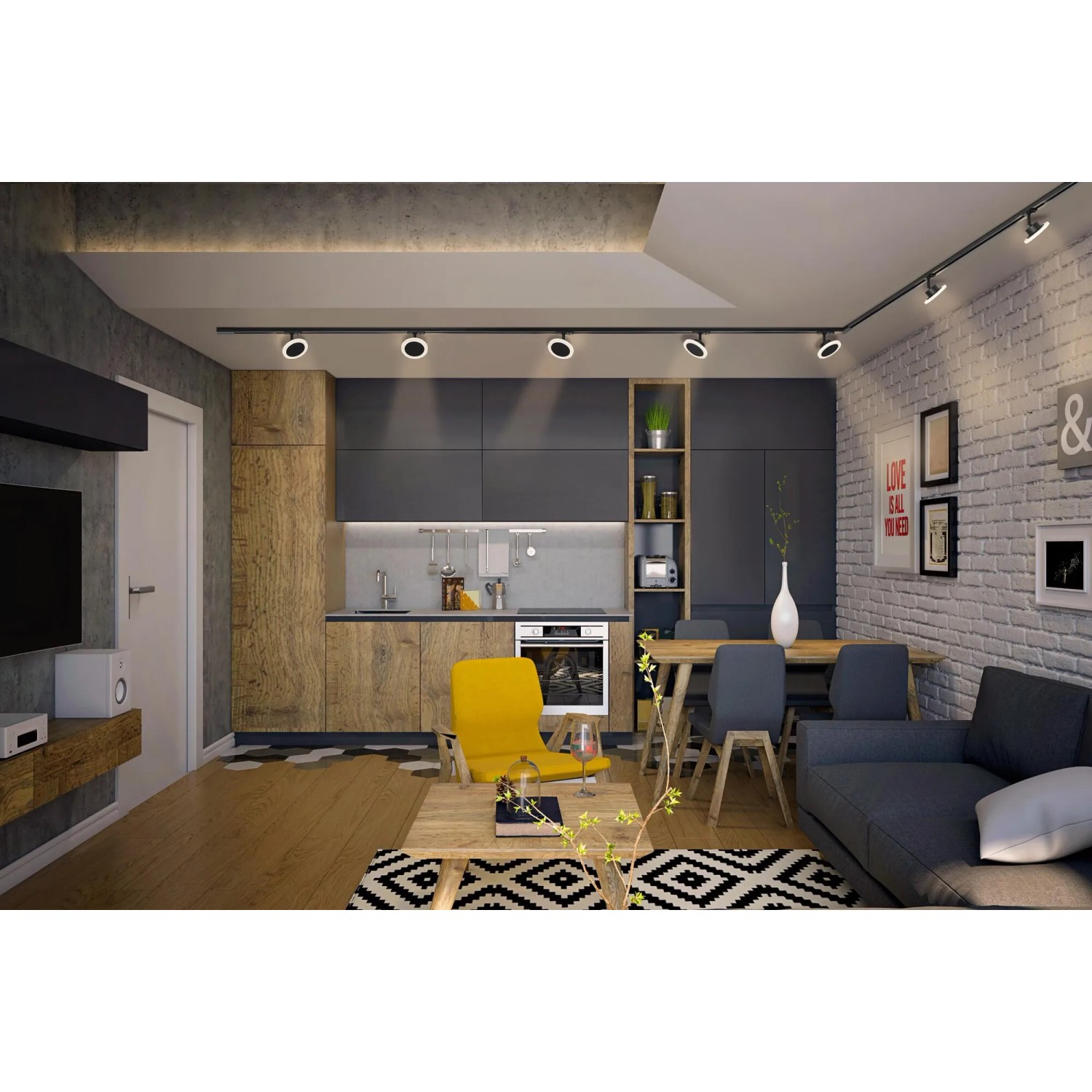 Schwarzes Ledvance Smart+ Schienensystem (Ø 12cm) in moderner Wohnküche.