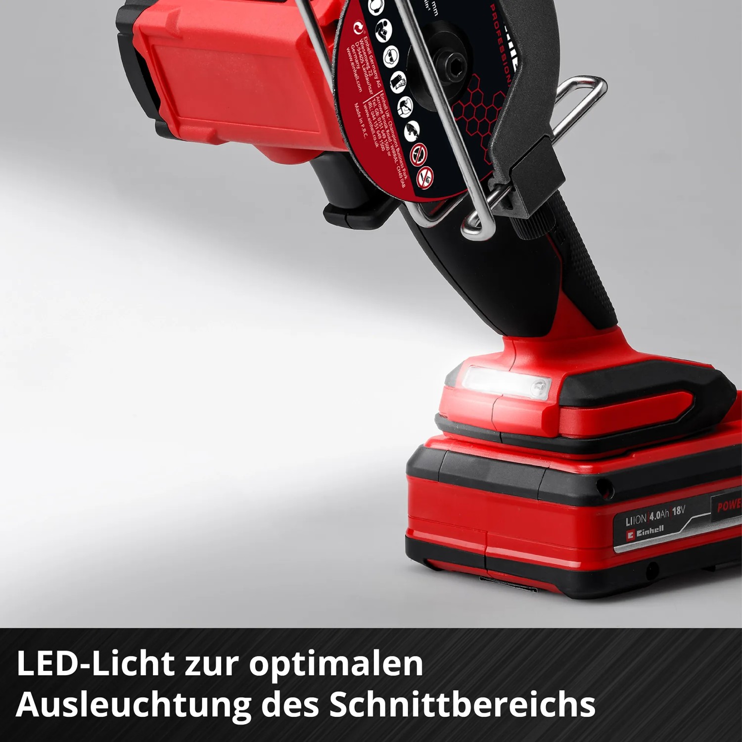 Einhell Akku-Trennschleifer TP-CO 18/76-C: Kompakter Trennschleifer in Rot/Schwarz mit LED-Licht.