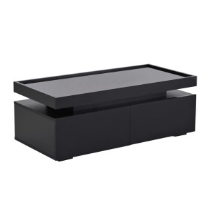Schwarzer Couchtisch mit 2 Schubladen, erhöhter Ablage und LED-Hohlraum. Moderner Wohnzimmertisch.