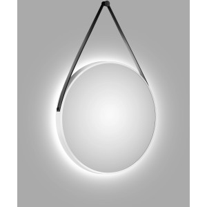 Runder DSK Design LED-Lichtspiegel Silver Barbier, Ø 80 cm, weiß matt mit Lederband.