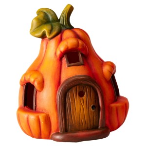 Orangefarbener Terrakotta Kürbis als Haus mit LED-Licht, Deko-Figur für Herbst & Halloween.