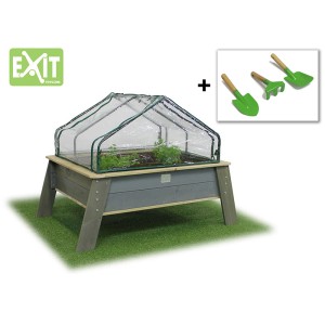 EXIT Aksent Hochbeet XL mit Gewächshaus und Gartengeräten. Holz-Hochbeet für Kinder.