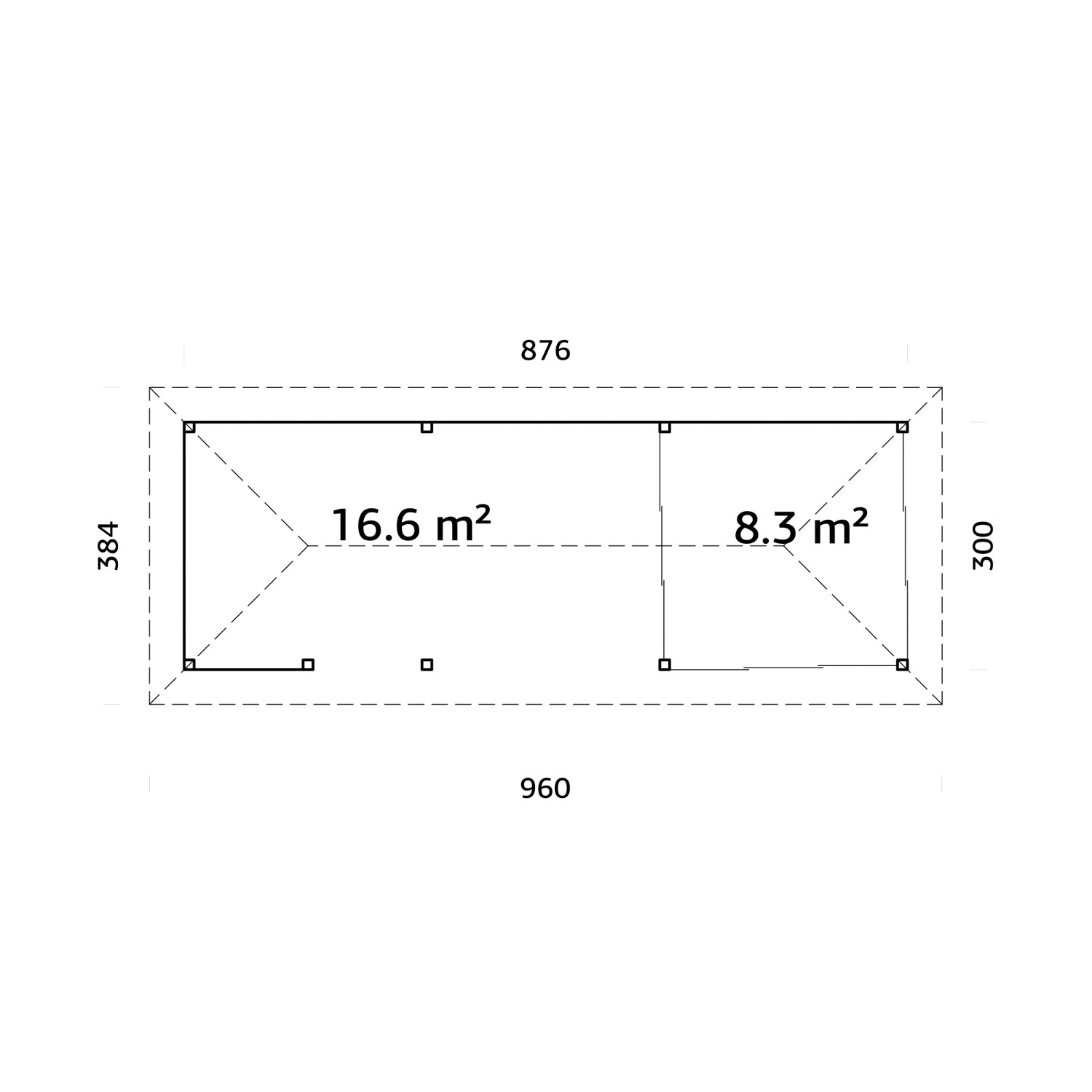 Grundriss Palmako Pavillon Bianca Set216 Slide Grau, 876x300cm, mit Flächenangaben. Ideal für Outdoorküche.