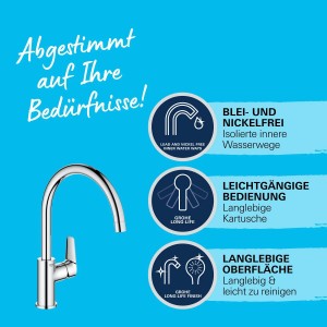 Grohe QuickFix Start Edge Spültischarmatur mit hohem Auslauf und Chromoberfläche.