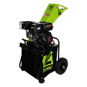 Grün-schwarzer Zipper Benzin-Häcksler ZI-HAEK2120 mit 4,1 kW Motor, Auffangsack und Fahrwerk für Astwerk bis 50 mm.