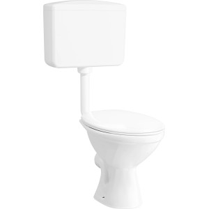 Weißes Stand-WC-Set mit Spülkasten und WC-Sitz, waagerechter Abgang.