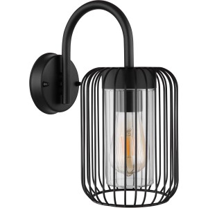 Schwarze, moderne Globo Außenwandleuchte mit Metallstäben und klarem Zylinder. Ohne Leuchtmittel.