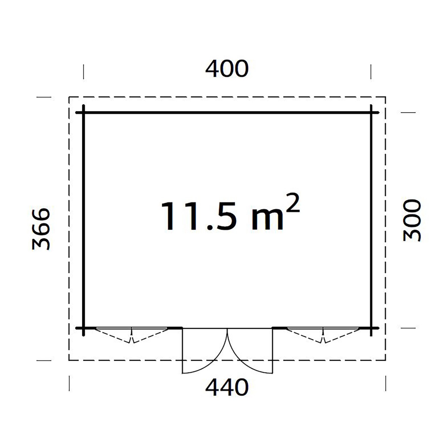 Grundriss Palmako Gartenhaus Lisa, 400x300 cm, Holz-Gartenhaus mit Doppeltür, Fläche 11,5 m².