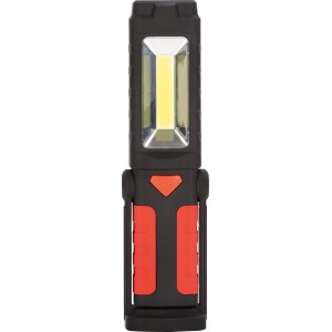 Schwarze LED Arbeitsleuchte mit rotem Griff und Halterung für Werkstatt und Baustelle.