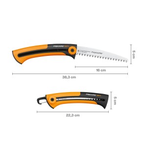 Fiskars Xtract SW73 Handsäge mit Grobzahnung, offen und geschlossen mit Maßangaben.