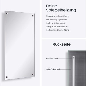 Könighaus Infrarotheizung Spiegel 300W: Spiegelheizung mit Glasoberfläche und Anti-Beschlag-Funktion.
