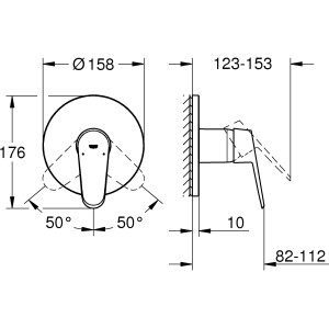 Technische Zeichnung: Grohe Eurodisc Cosmopolitan Einhand-Brausebatterie, Maße und Details.