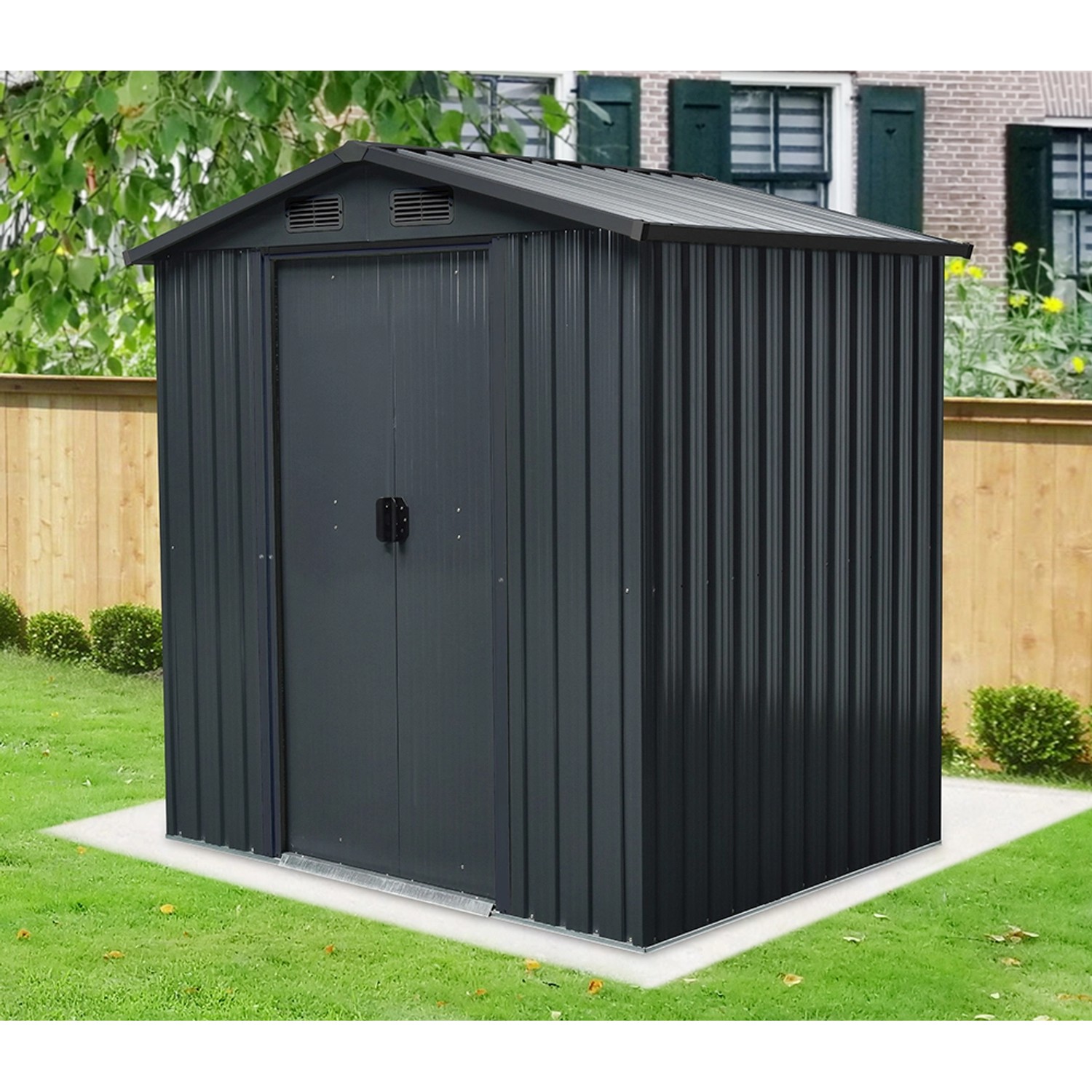 Floraworld Metall-Gerätehaus in Anthrazit, 1,8 m², mit Doppeltür und Satteldach.