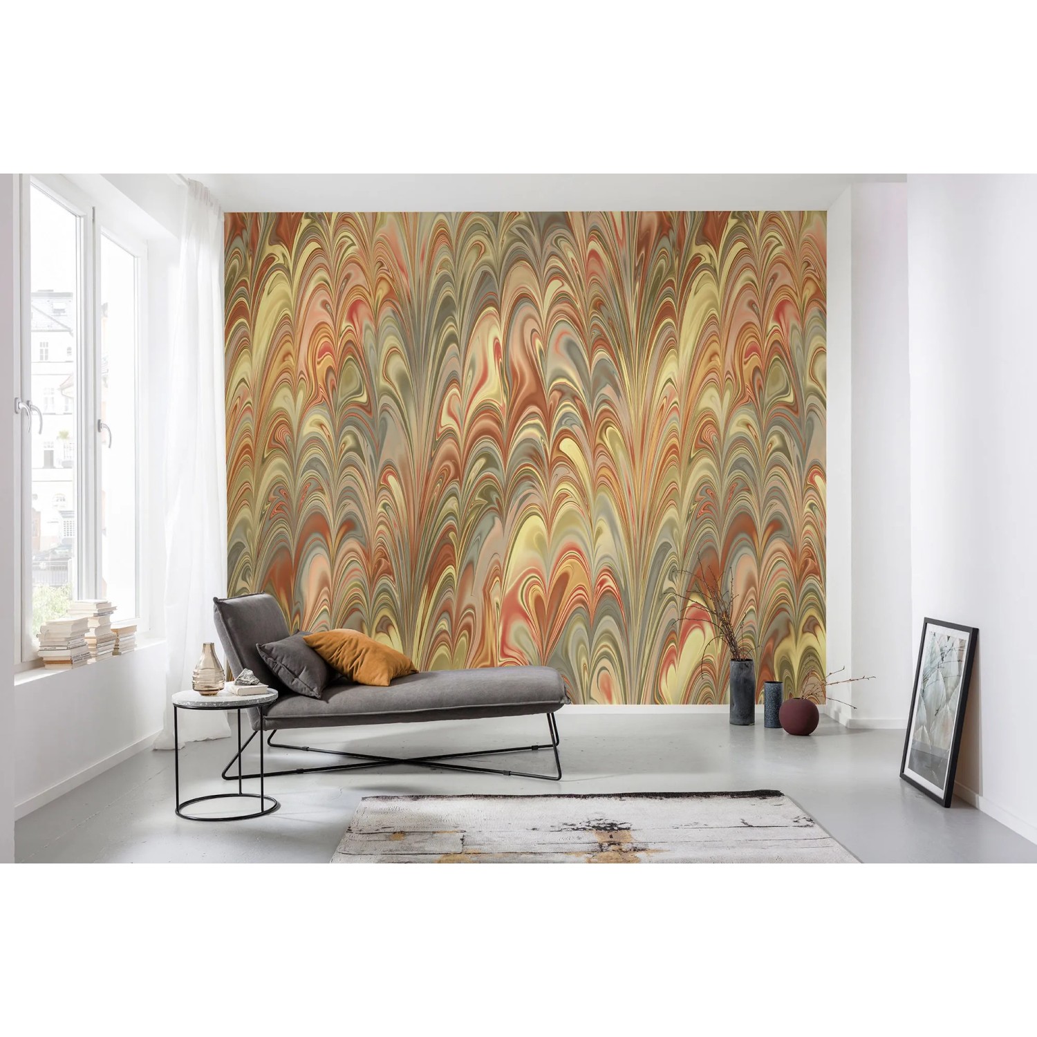 Komar Fototapete Club Circles mit abstraktem Muster in Gelb-, Rot- und Grautönen.