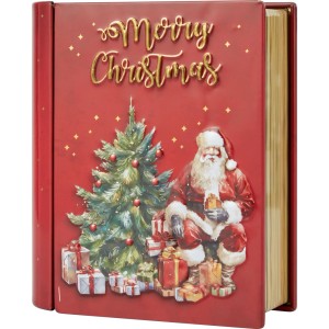 Rote Weihnachtsdeko Box in Buchform mit Weihnachtsmann, Baum, Geschenken und goldener 'Merry Christmas' Schrift.