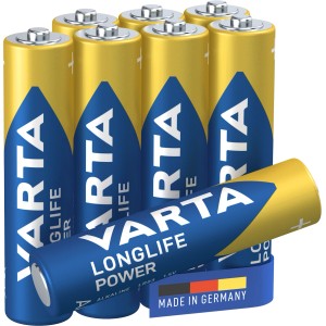 Varta Longlife Power Micro (AAA) Batterien, 8er-Pack. Goldene und blaue Alkaline-Batterien, Made in Germany.