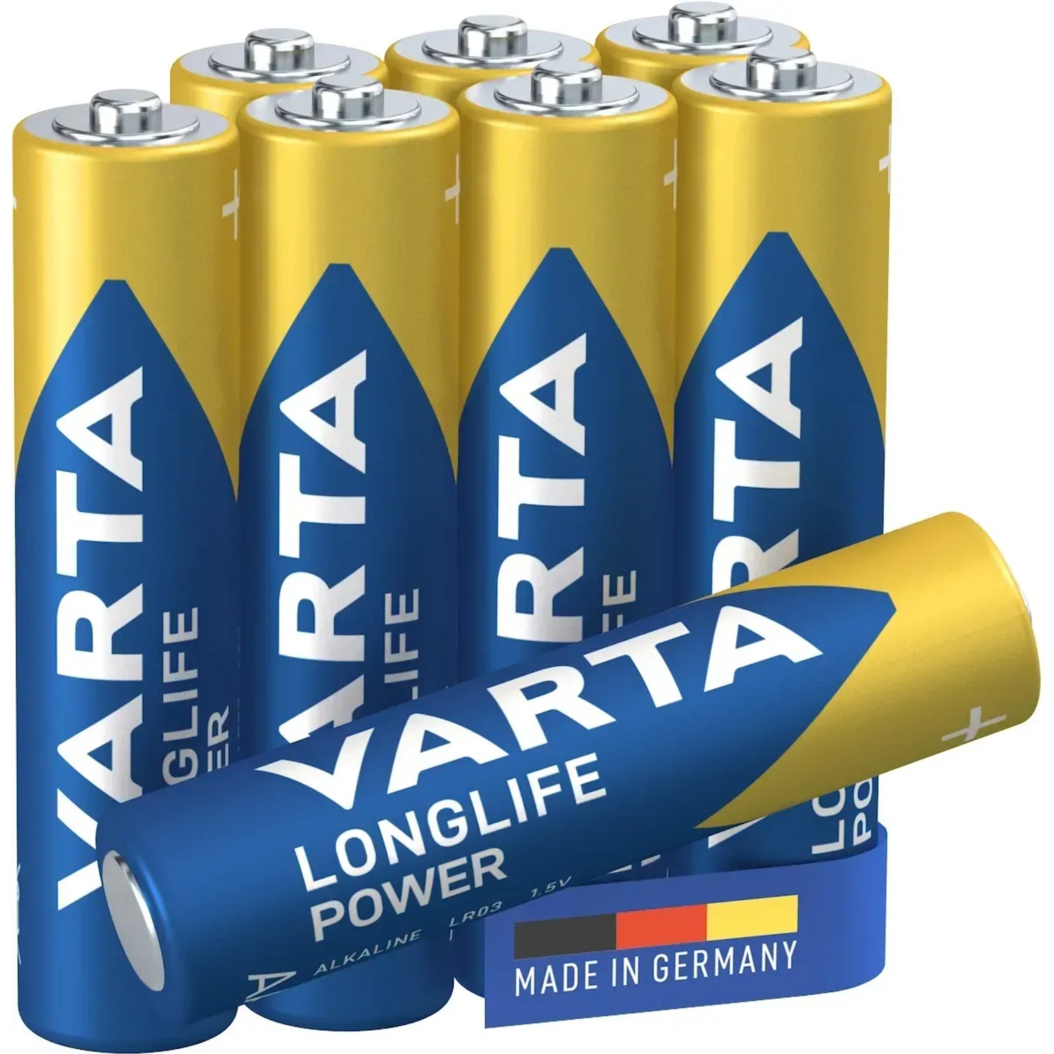Varta Longlife Power Micro (AAA) Batterien, 8er-Pack. Goldene und blaue Alkaline-Batterien, Made in Germany.