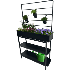 dobar Metall Hochbeet mit Rankhilfe, 94x30x155cm, bepflanzt mit Blumen und Kräutern, inklusive Ablageflächen.