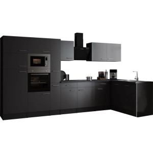 Respekta Winkelküche Oliver 370 cm in Grau: Moderne L-Küche mit Elektrogeräten und Edelstahlgriffen.