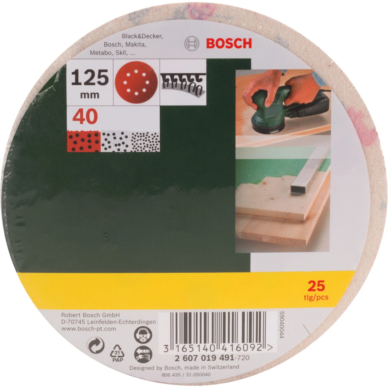 Bosch Schleifblatt-Set K40, Ø 125mm, 25 Stück für Exzenterschleifer.