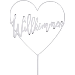 Weißer Gartenstecker Herz Willkommen aus Metall, 90cm hoch. Gartendekoration.