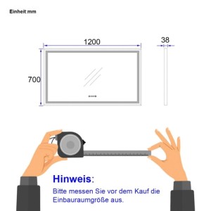 Maßzeichnung Emke Badspiegel mit Beleuchtung 120x70x3,8cm, schwarzer Rand. Hinweis zur Einbaumessung.