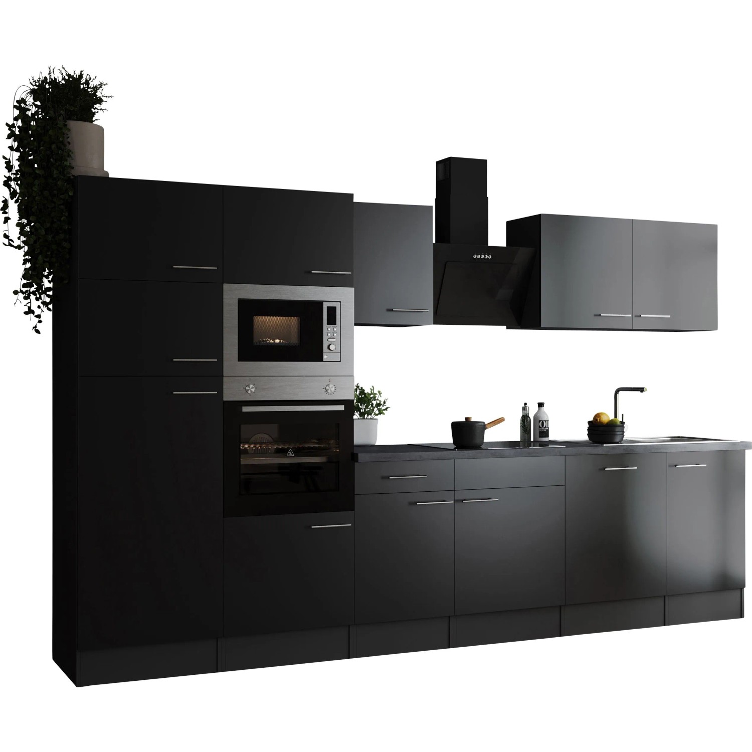 Respekta Küchenzeile Oliver 340 cm in Schwarz mit E-Geräten und Spüle.