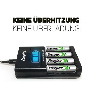Energizer Schnell-Ladegerät mit 4 AA Akkus. Ladegerät mit Ladezustandsanzeige.
