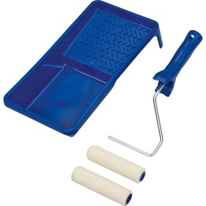 LUX-TOOLS Rollerset Velour, 4-teilig: Farbwanne blau, Farbroller und Velour-Walzen für Lasuren.