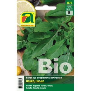 Austrosaat Bio Rauke (Rucola) Samenpackung mit frischen, grünen Blättern. Ideal für den Kräutergarten.