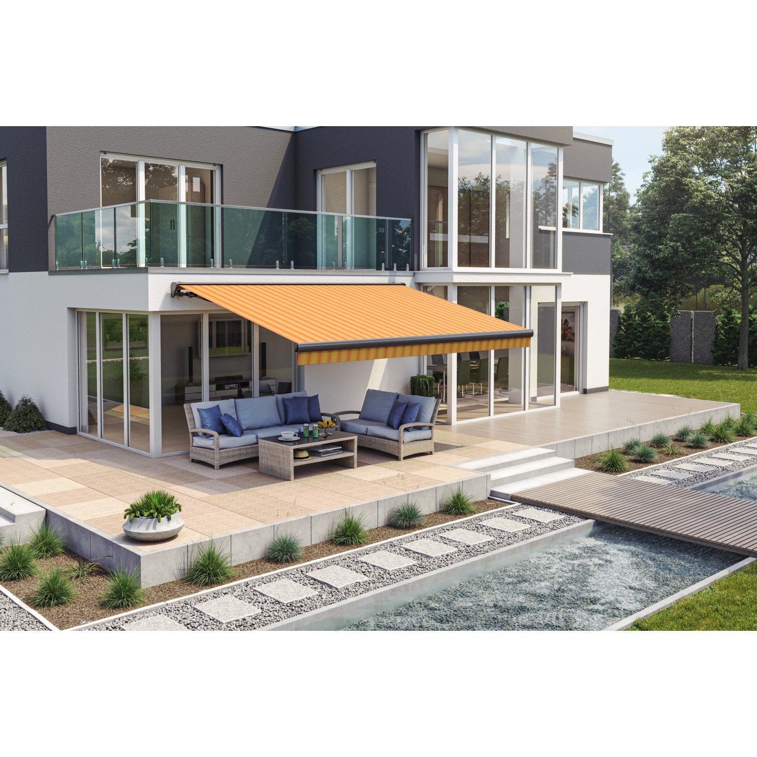 Anthrazitfarbene Wismar Teilhülsenmarkise mit gelb-orangem Stoff und Kurbelbedienung auf einer Terrasse.