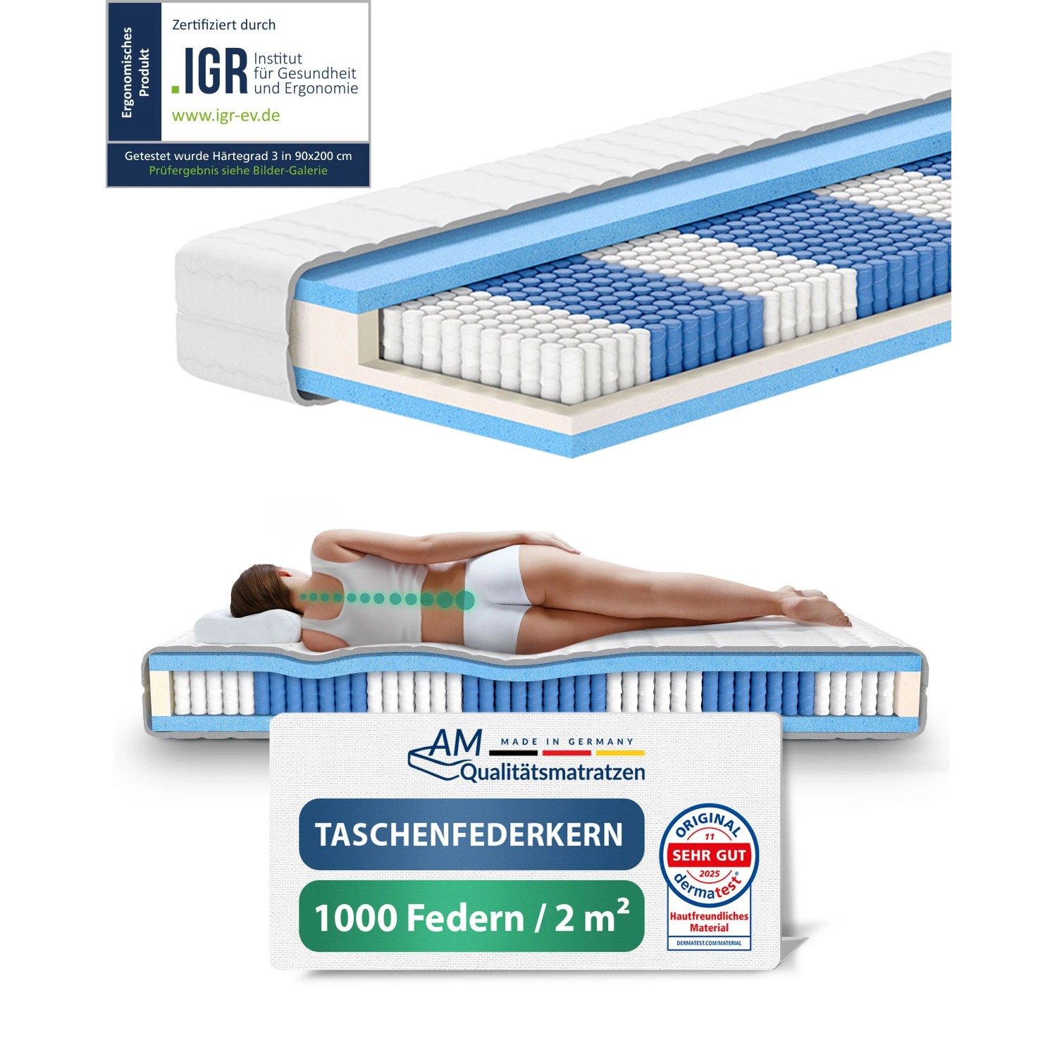 AM Qualitätsmatratze Premium 1000 Taschenfederkern, 180x200 cm, H3, Querschnitt und Nutzungsszene.