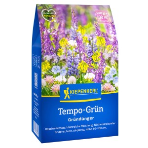 Kiepenkerl Gründünger Tempo-Grün-Mischung 500g Packung mit blühenden Pflanzen.